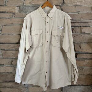 Mens World Wide Sportsman Beige Fishing Shirt Button Up Long Sleeve Vented XL